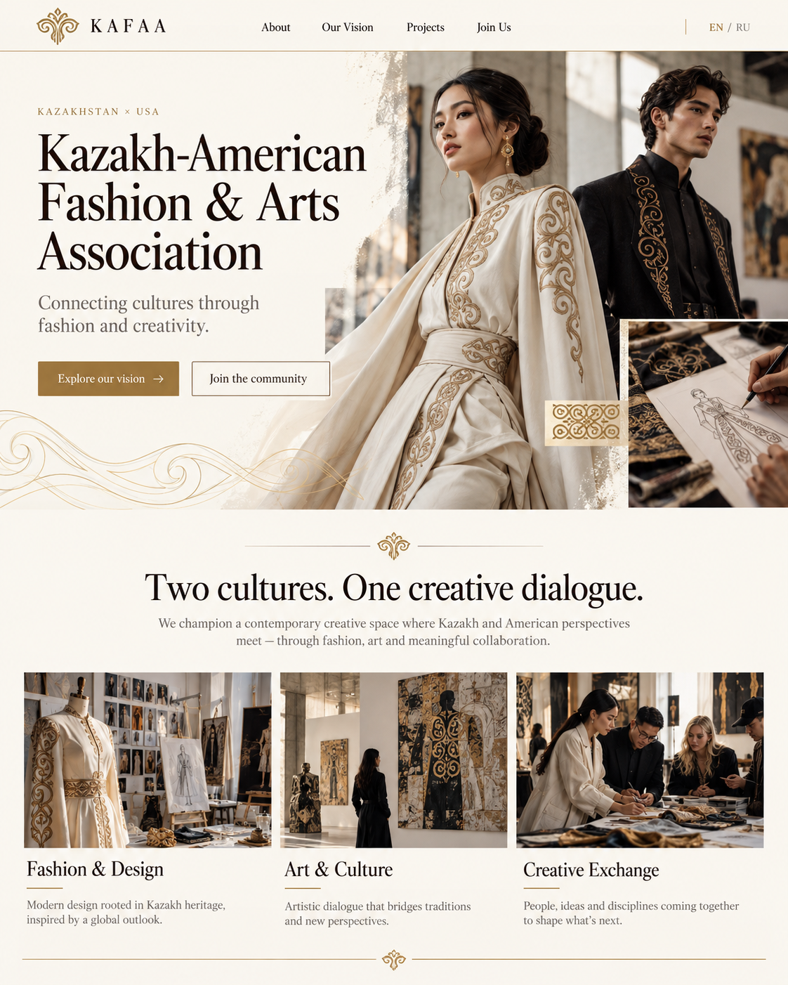 KAFAA. Kazakh-American Fashion & Arts Association. Connecting cultures through fashion and creativity. Two cultures. One creative dialogue. Fashion & Design, Art & Culture, Creative Exchange.